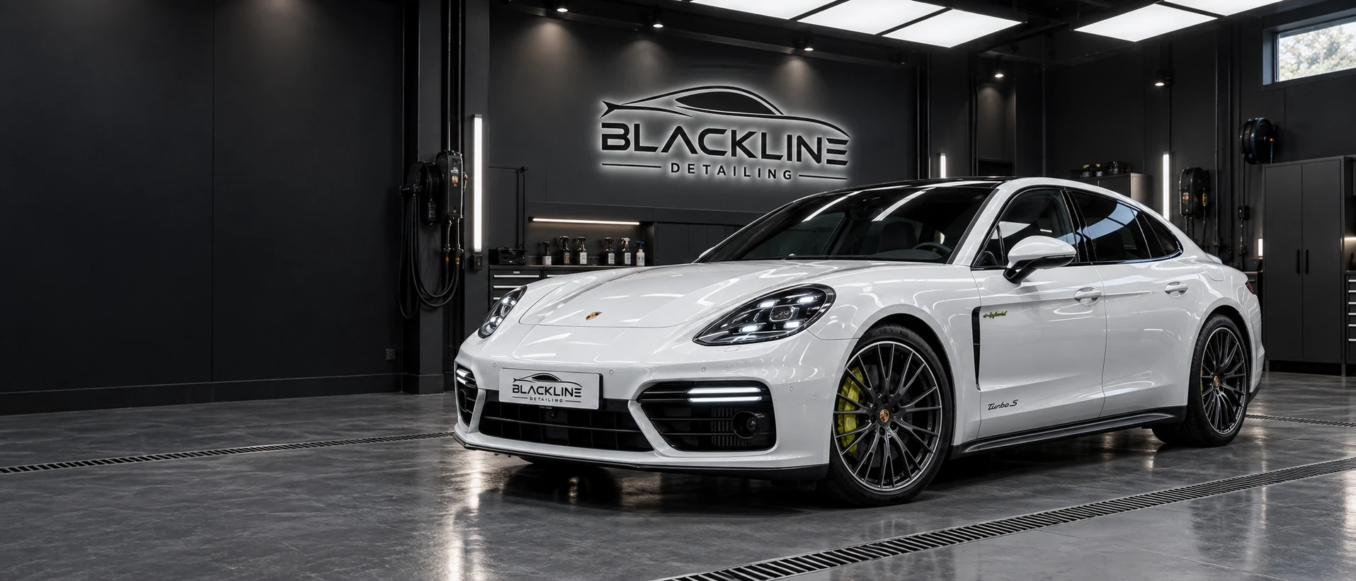 A clean white sports saloon in the Blackline detailing workshop
